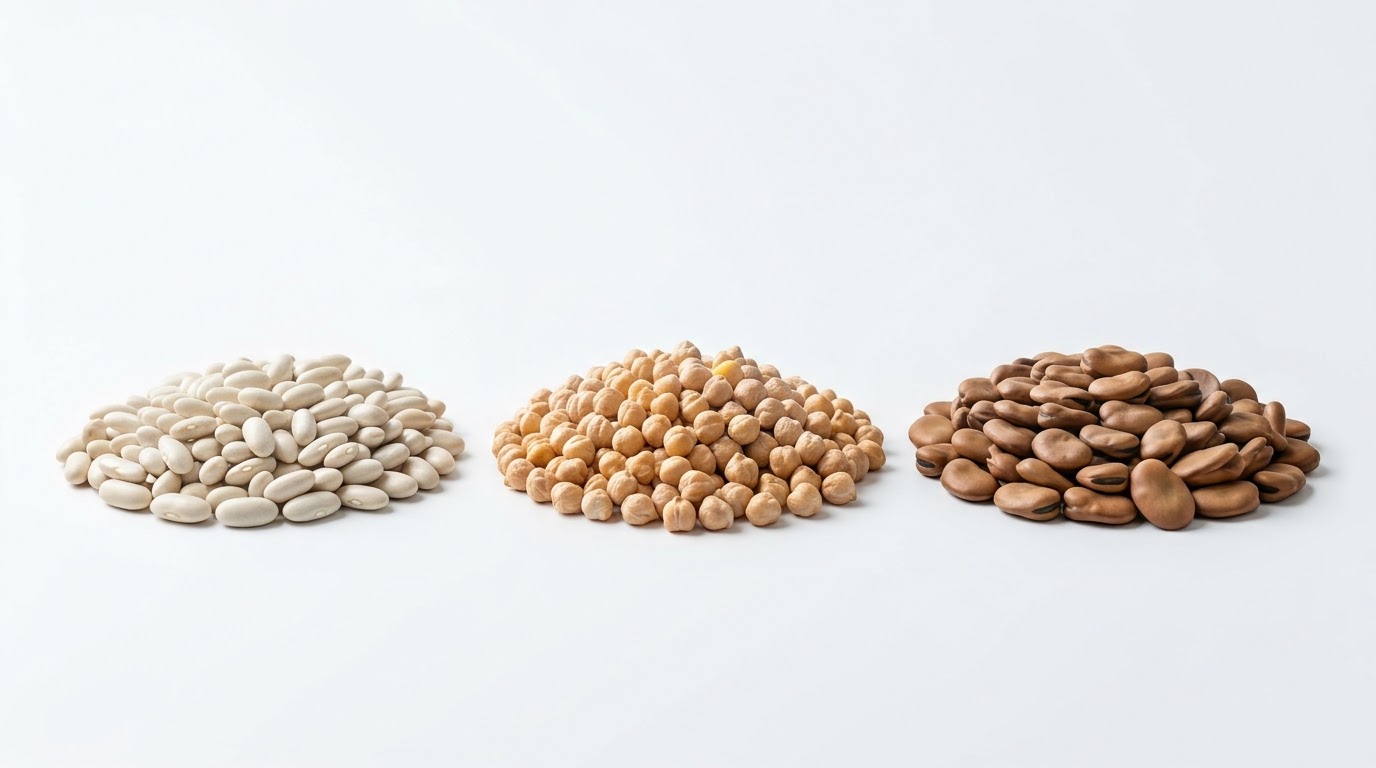 Egyptian White Kidney Beans, Chickpeas and Fava Beans arranged in three piles